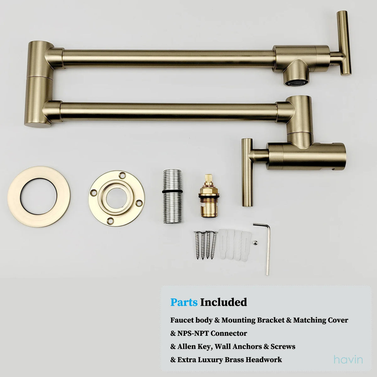 Havin Pot Filler Faucet Wall Mount,with Double Joint Swing Arms,Single Hole, 2 Handles with 2 cartridges to Control Water (Style A Brushed Gold)