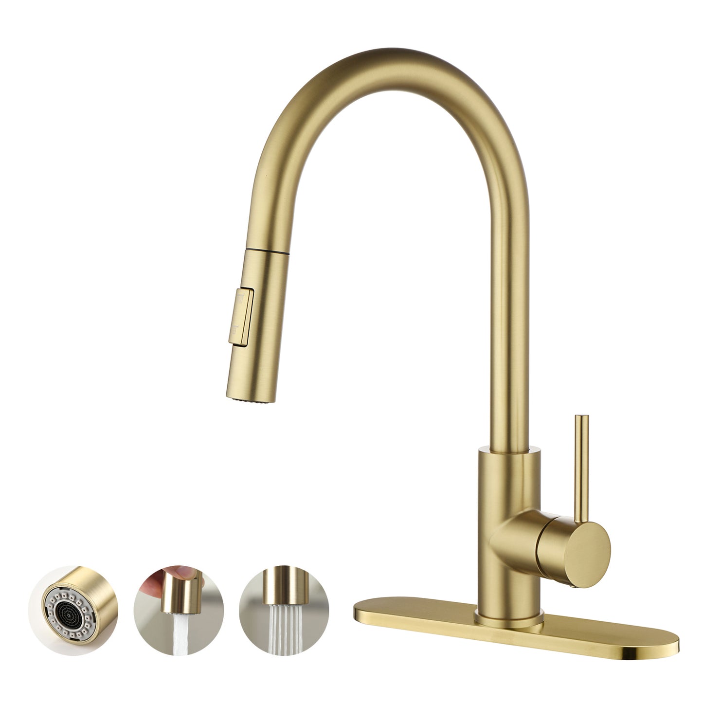 Havin HV601 Brass Kitchen Faucet with Pull Down Sprayer,Brushed Gold Color, Fit for 1 Hole and 3 Holes Deck Mount, Single Handle (Brushed Gold)