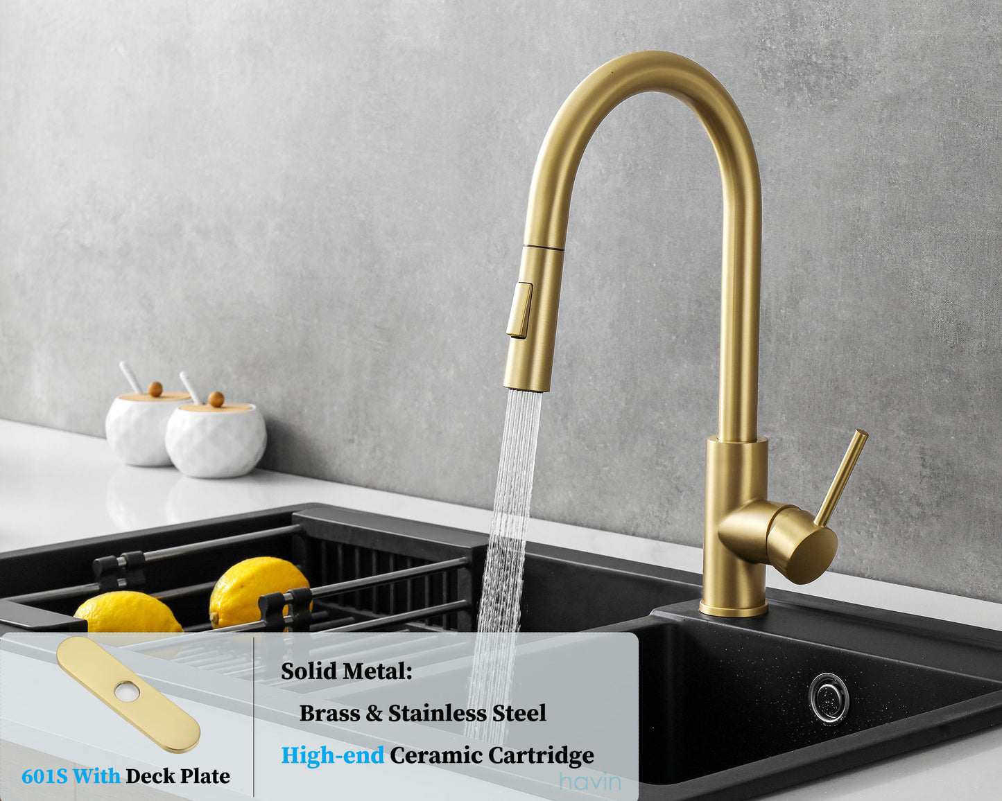 Havin HV601 Brass Kitchen Faucet with Pull Down Sprayer,Brushed Gold Color, Fit for 1 Hole and 3 Holes Deck Mount, Single Handle (Brushed Gold)