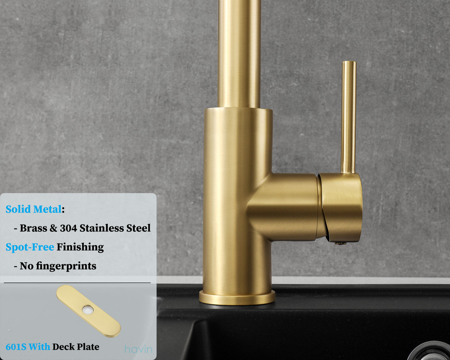 Havin HV601 Brass Kitchen Faucet with Pull Down Sprayer,Brushed Gold Color, Fit for 1 Hole and 3 Holes Deck Mount, Single Handle (Brushed Gold)