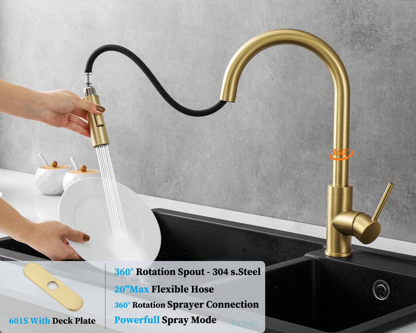 Havin HV601 Brass Kitchen Faucet with Pull Down Sprayer,Brushed Gold Color, Fit for 1 Hole and 3 Holes Deck Mount, Single Handle (Brushed Gold)
