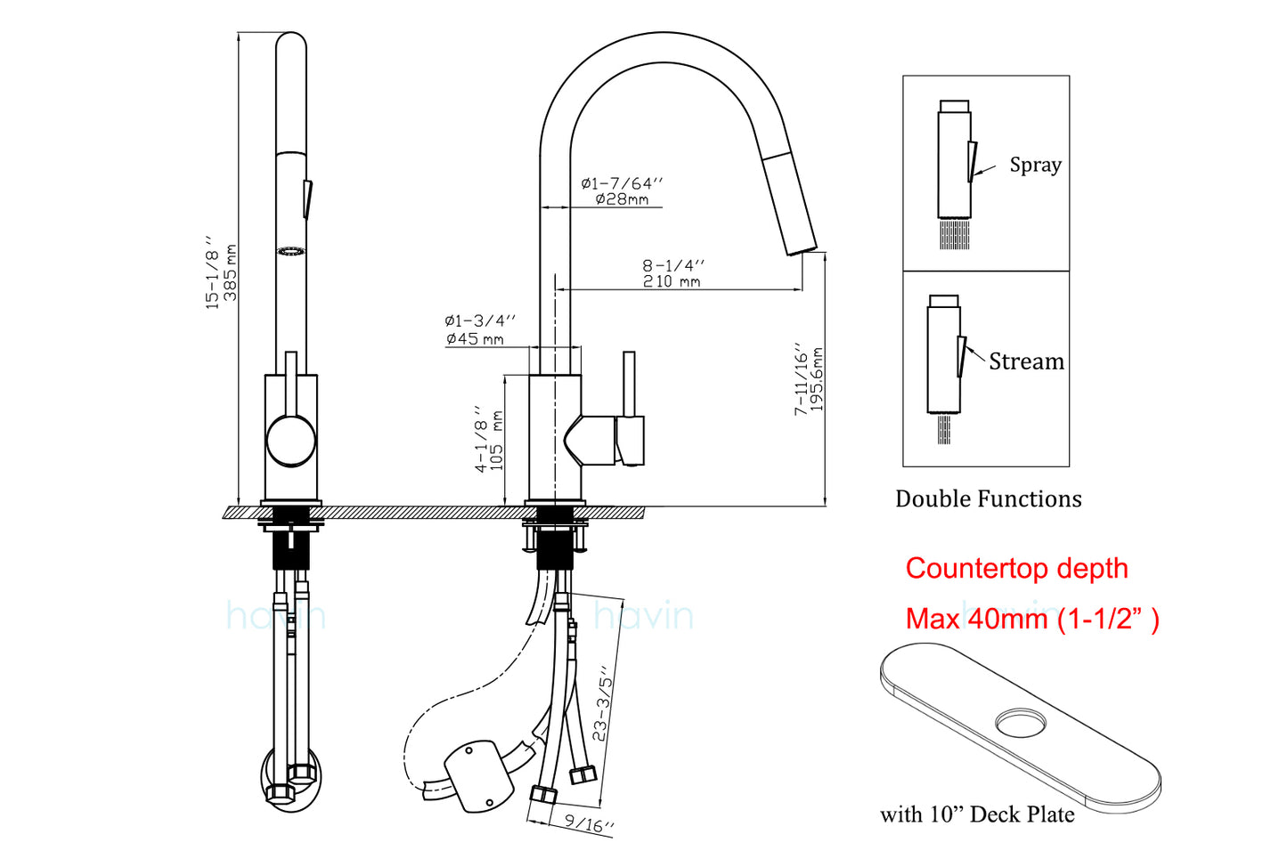 Havin HV601 Brass Kitchen Faucet with Pull Down Sprayer,Brushed Gold Color, Fit for 1 Hole and 3 Holes Deck Mount, Single Handle (Brushed Gold)