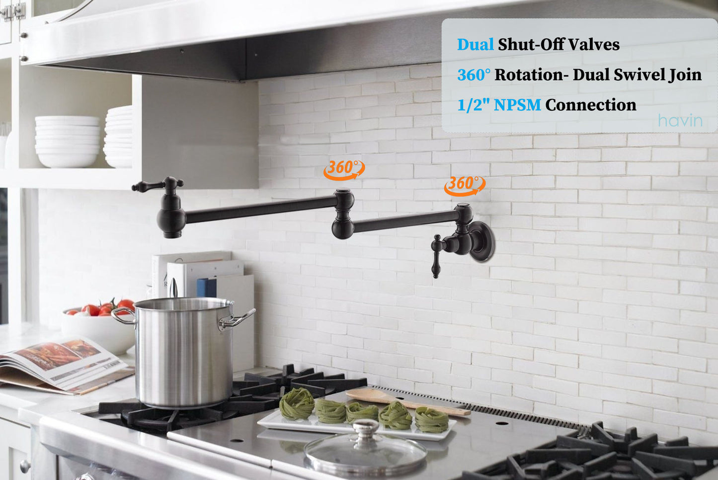 Havin HV1002 Pot filler faucet wall mount,Oil Rubbed Bronze color,with Double Joint Swing Arms,Single Hole(Style B Oil Rubbed Bronze)