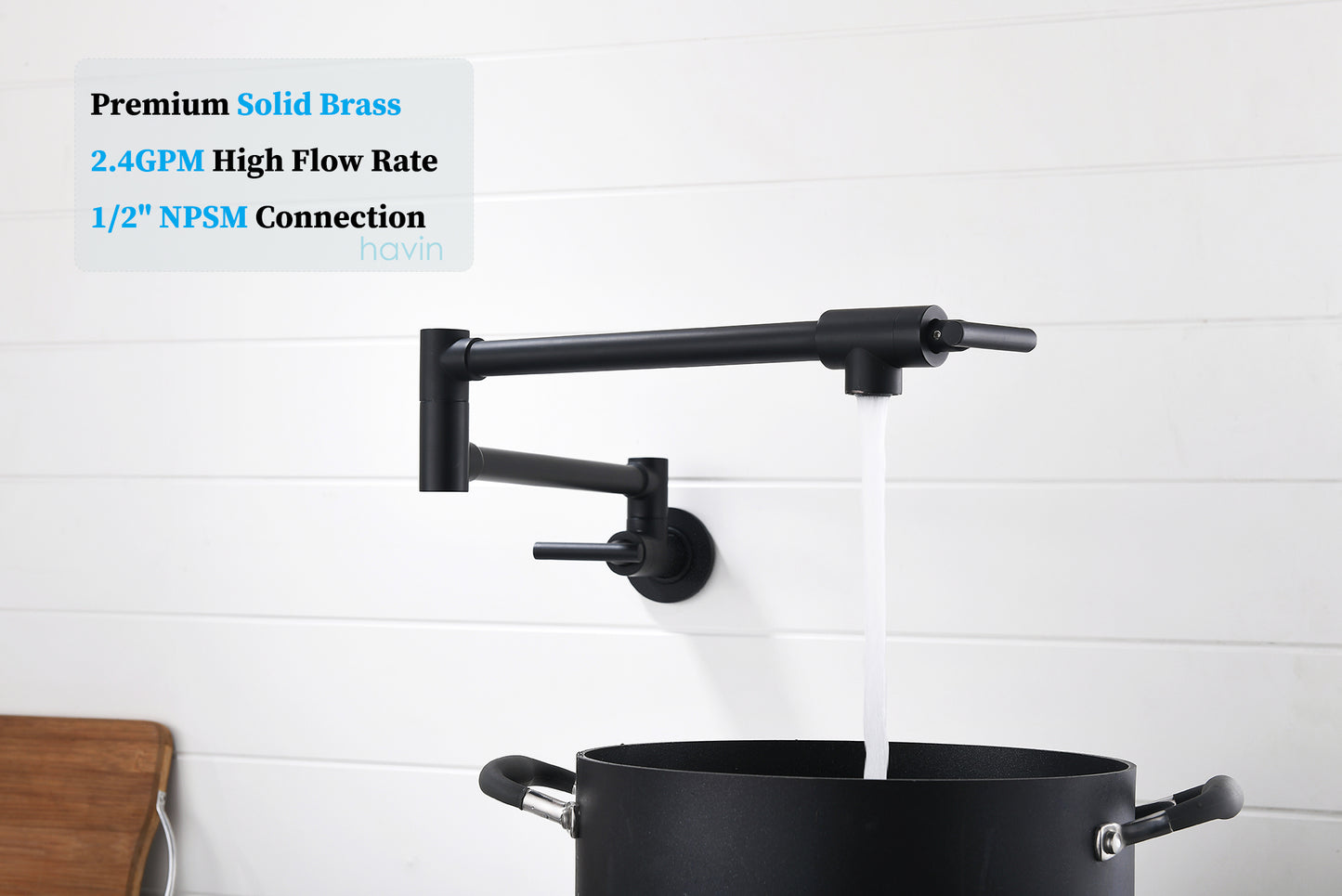 Havin Pot Filler Folding Stretchable Double Joint Swing Arm Matte Black, Wall Mount Kitchen Faucet, Single Hole Two Handle Kitchen Sink Faucet