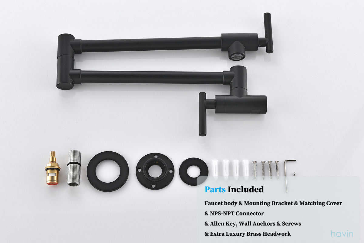 Havin Pot Filler Folding Stretchable Double Joint Swing Arm Matte Black, Wall Mount Kitchen Faucet, Single Hole Two Handle Kitchen Sink Faucet