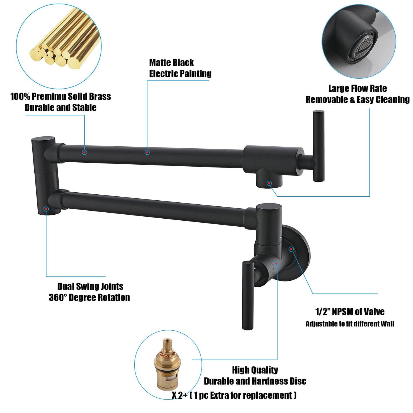 Havin Pot Filler Folding Stretchable Double Joint Swing Arm Matte Black, Wall Mount Kitchen Faucet, Single Hole Two Handle Kitchen Sink Faucet