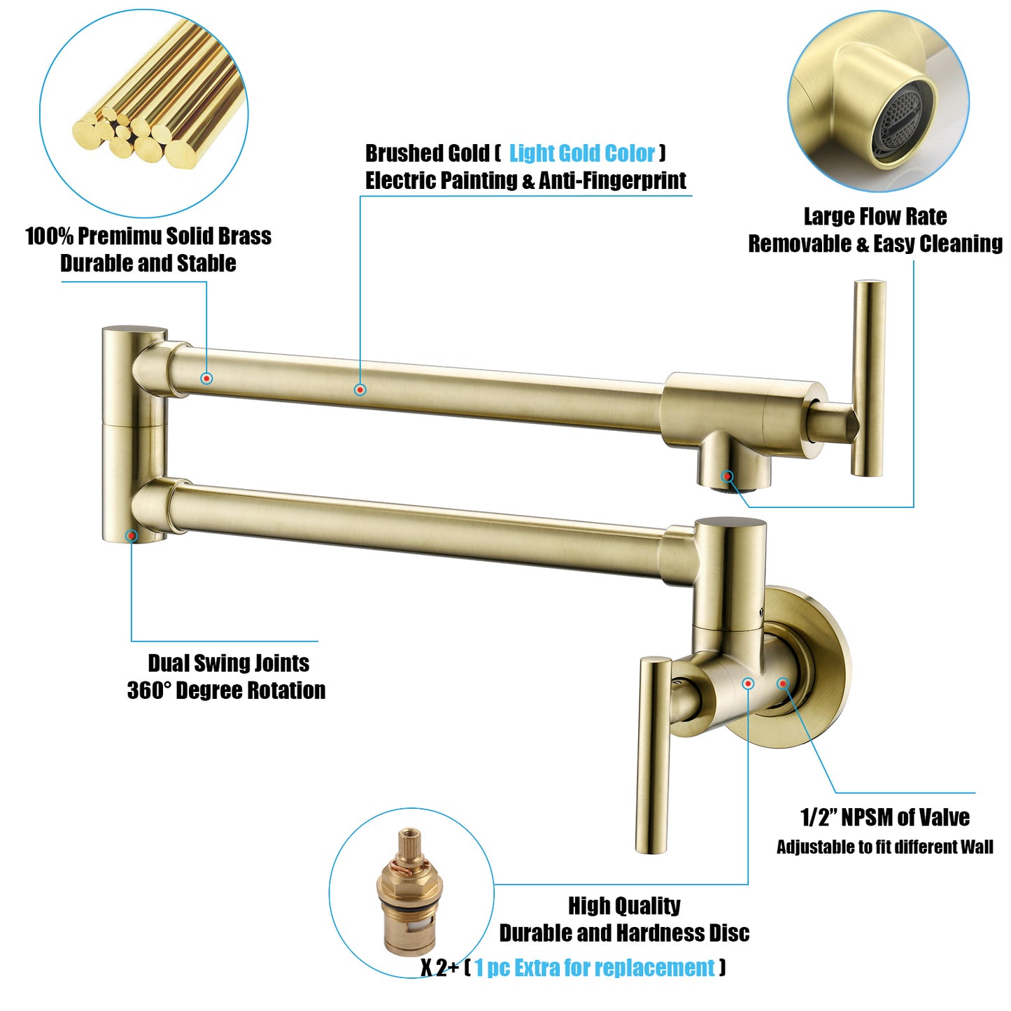 Havin Pot Filler Faucet Wall Mount,with Double Joint Swing Arms,Single Hole, 2 Handles with 2 cartridges to Control Water (Style A A206 Brushed Gold)