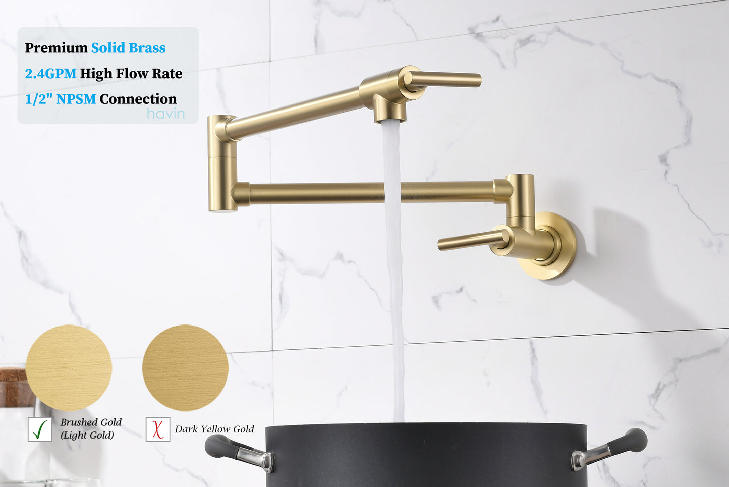 Havin Pot Filler Faucet Wall Mount,with Double Joint Swing Arms,Single Hole, 2 Handles with 2 cartridges to Control Water (Style A A206 Brushed Gold)