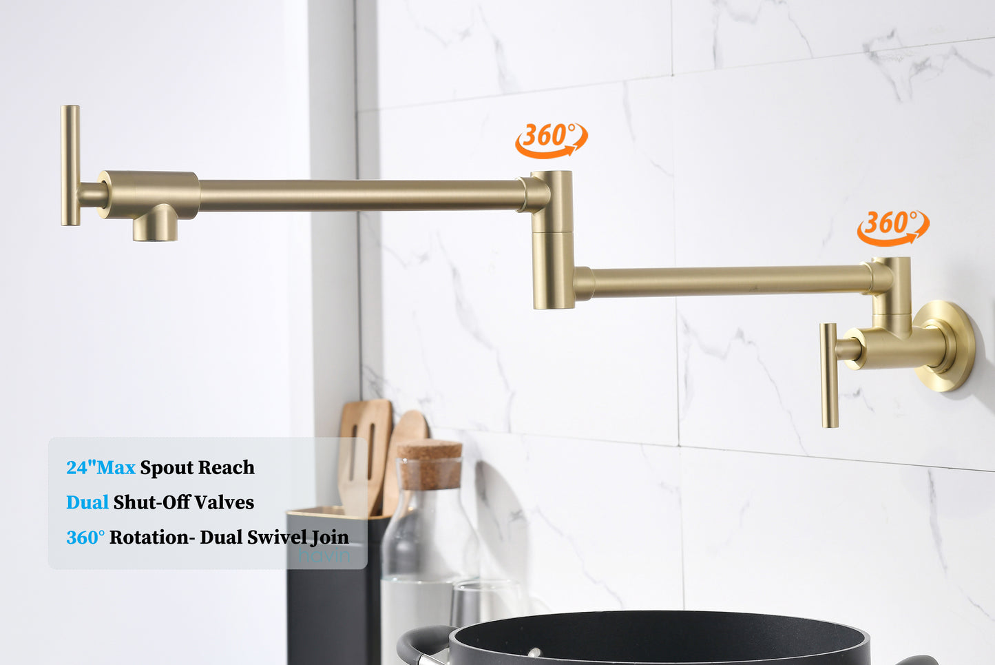 Havin Pot Filler Faucet Wall Mount,with Double Joint Swing Arms,Single Hole, 2 Handles with 2 cartridges to Control Water (Style A A206 Brushed Gold)