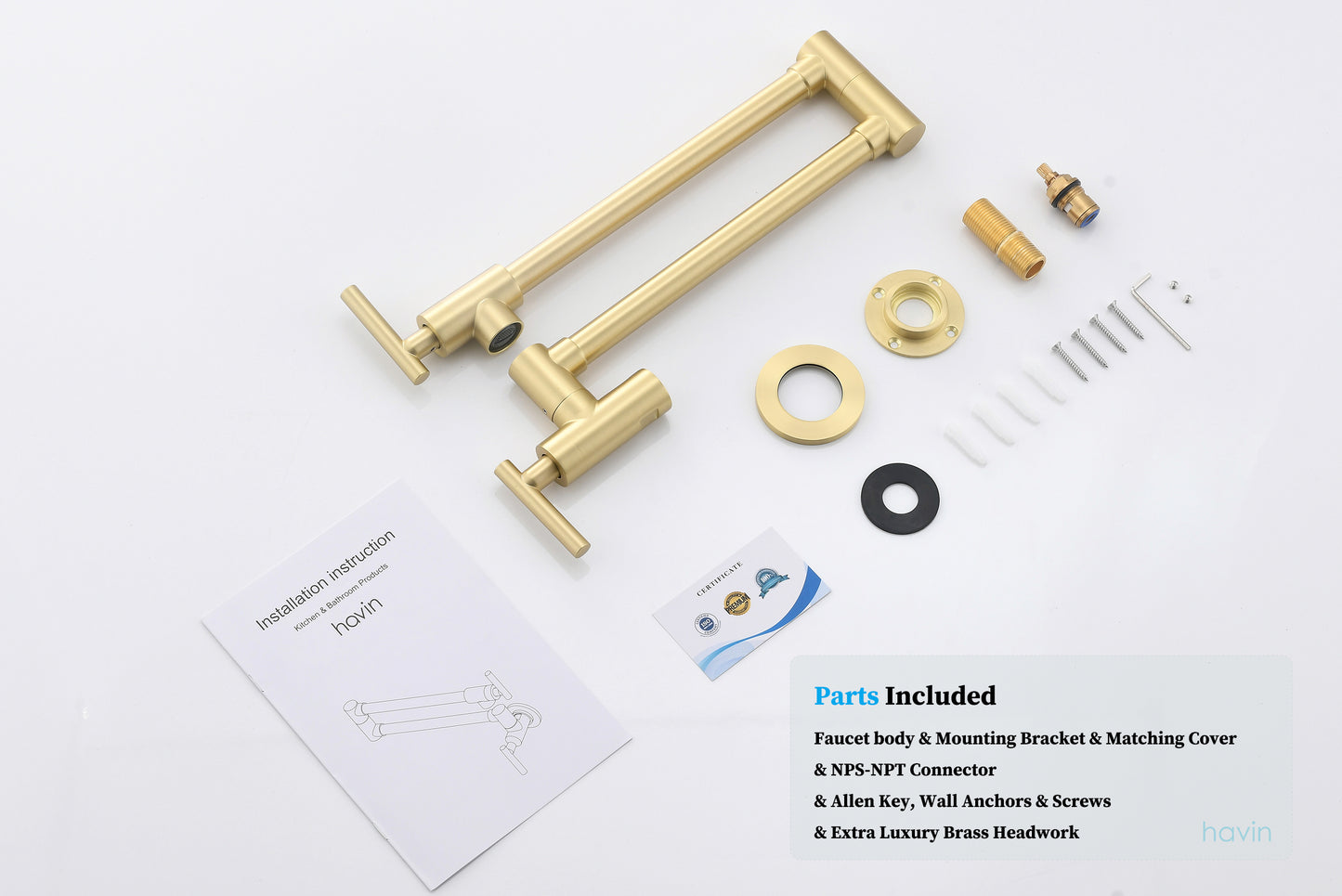 Havin Pot Filler Faucet Wall Mount,with Double Joint Swing Arms,Single Hole, 2 Handles with 2 cartridges to Control Water (Style A A206 Brushed Gold)