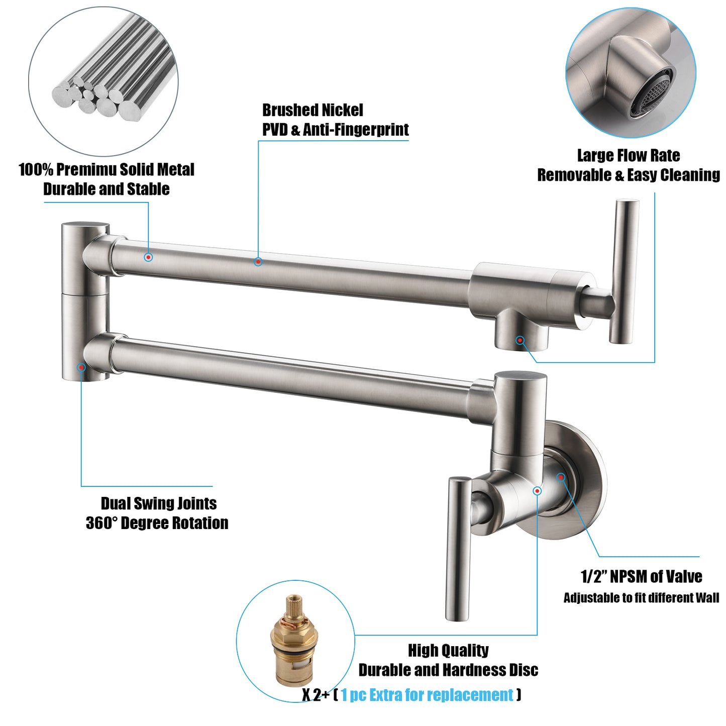 Havin Pot Filler,Pot Filler Faucet Wall Mount,Stainless Steel Material,with Double Joint Swing Arms (Style A Brushed Nickel A203, Brushed Nickel)