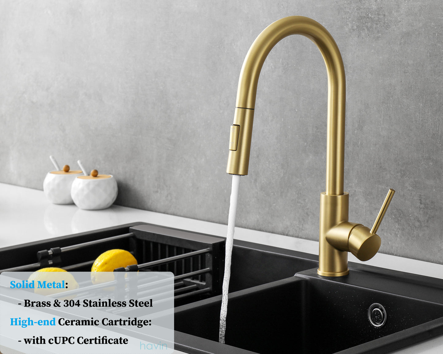 Havin Gold Kitchen Faucet with Pull Down Sprayer, High Arc Stainless Steel Material, with cUPC Ceramic Cartridge,Without Deck Plate,Fit for 1 Hole Kitchen Sink or Laundry Sink,Brushed Gold