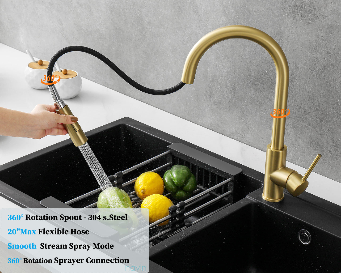 Havin Gold Kitchen Faucet with Pull Down Sprayer, High Arc Stainless Steel Material, with cUPC Ceramic Cartridge,Without Deck Plate,Fit for 1 Hole Kitchen Sink or Laundry Sink,Brushed Gold