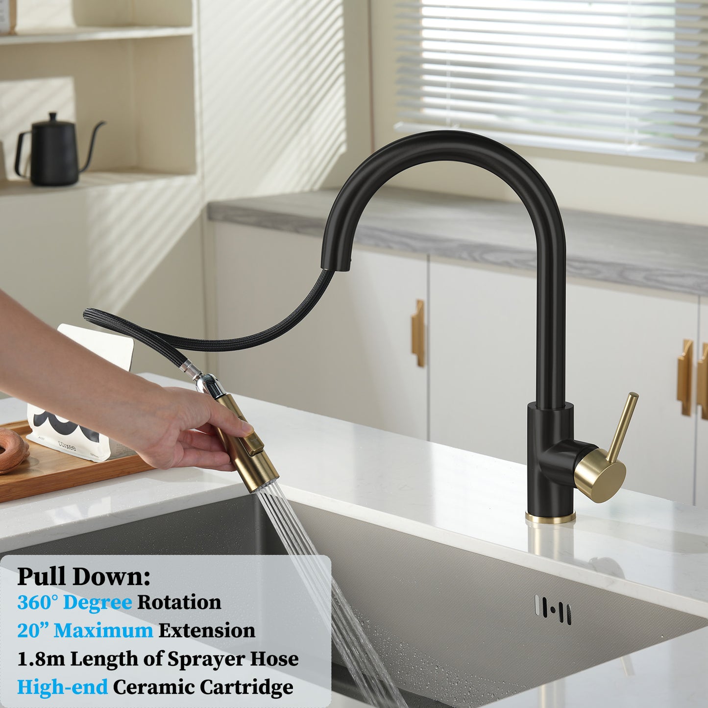 Havin Kitchen Faucet with Pull Down Sprayer, High Arc Stainless Steel Material, with cUPC Ceramic Cartridge,Without Deck Plate,Fit for 1 Hole Kitchen Sink or Laundry Sink, Gold and Black