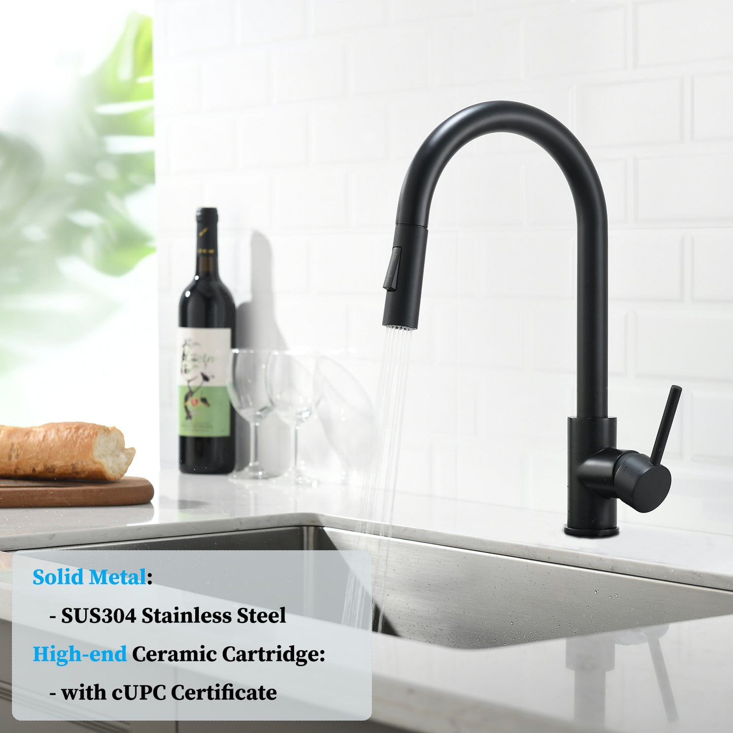 Havin Black Kitchen Faucet with Pull Down Sprayer, High Arc Stainless Steel Material, with cUPC Ceramic Cartridge,Without Deck Plate,Fit for 1 Kitchen Sink or Laundry Sink,Matte Black