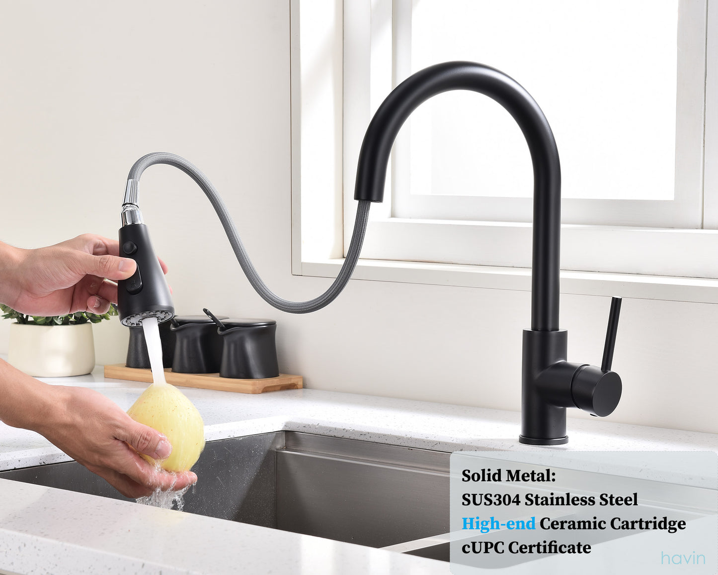 Havin Kitchen Faucet with Pull Down Sprayer Head,Kitchen Faucet Including 10" Deck Plated,(Matte Black)HV502B