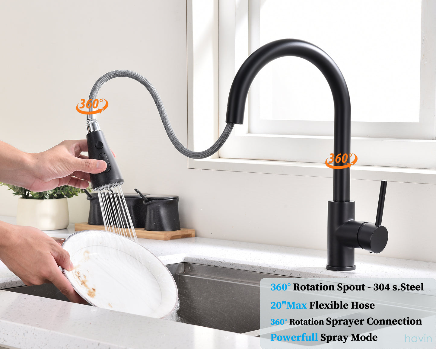 Havin Kitchen Faucet with Pull Down Sprayer Head,Kitchen Faucet Including 10" Deck Plated,(Matte Black)HV502B