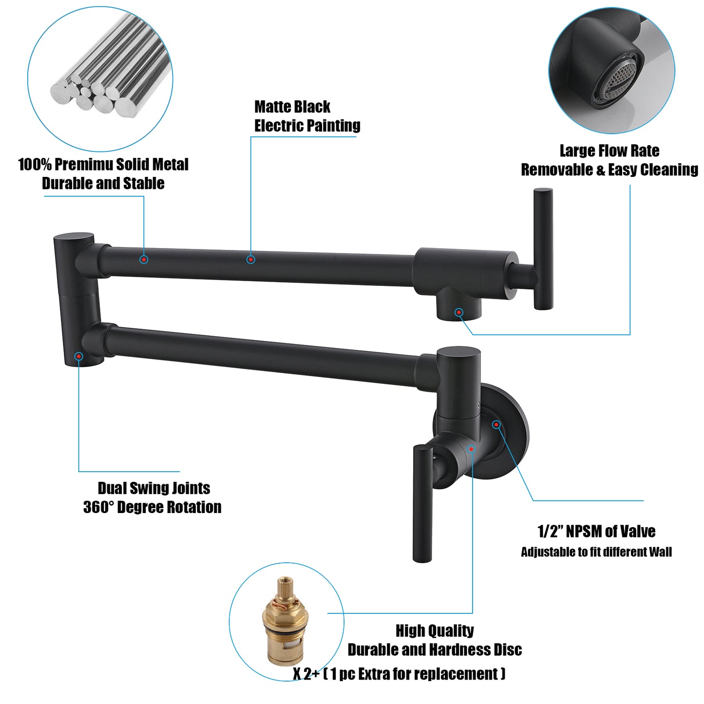 Havin Pot Filler Folding Stretchable Double Joint Swing Arm Matte Black, Wall Mount Kitchen Faucet, Single Hole Two Handle Kitchen Sink Faucet