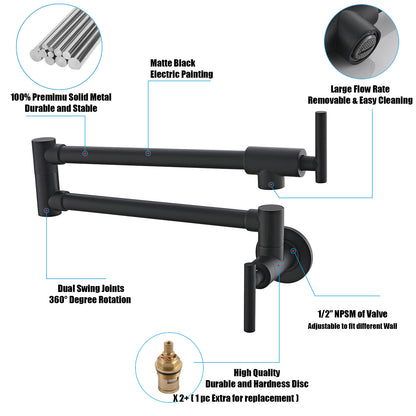 Havin Pot Filler Folding Stretchable Double Joint Swing Arm Matte Black, Wall Mount Kitchen Faucet, Single Hole Two Handle Kitchen Sink Faucet