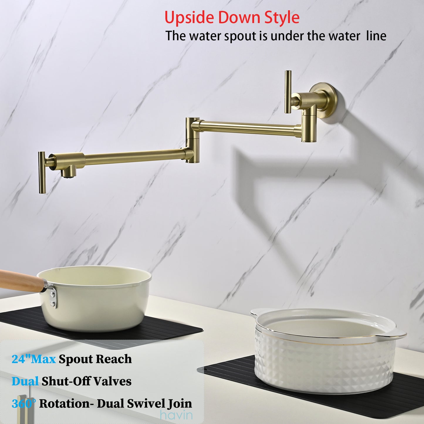 Havin A202 Pot filler faucet wall mount, Upside Down Style, Brushed Gold