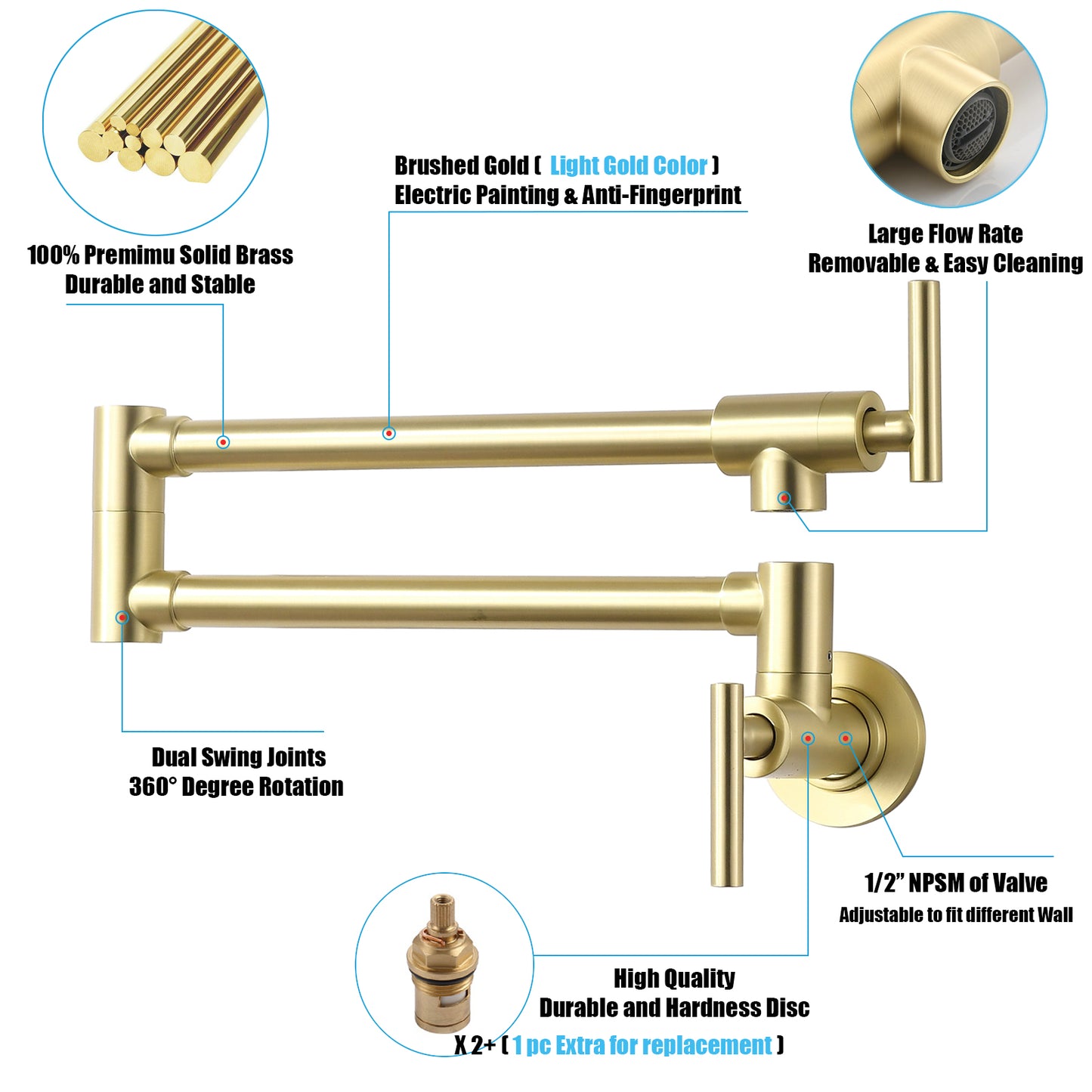 Havin Pot Filler Faucet Wall Mount,with Double Joint Swing Arms,Single Hole, 2 Handles with 2 cartridges to Control Water (Style A A206 Brushed Gold)